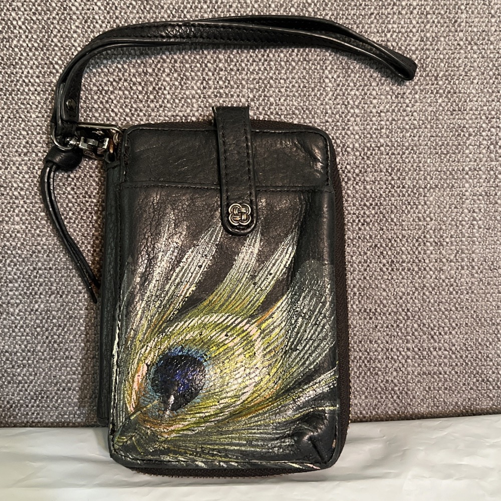 Elliott Lucca Zip Around Leather Wristlet Hand Painted Peacock Feather